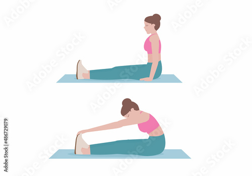 Woman doing exercises 2 step. for doing Seated toe touch stretch. prevent joint stiffness, tightness and pain. Illustration about warm-up and cool down and workout. 