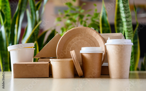 Paper eco-friendly disposable tableware on the background of green plants. The concept of caring for the environment. photo