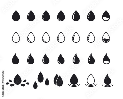 Vector black water drop icon set. Flat droplet shapes collection. Outline drop symbols photo