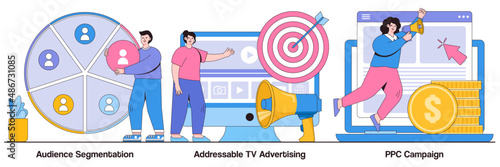 Audience segmentation, addressable tv advertising, ppc campaign concept with people character. Targeted promotion, SEO, digital marketing vector illustration set. Geotargeting, CPC advertisement