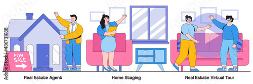 Real estate agent, home staging, real estate virtual tour concept with people character. Real estate buying experience vector illustration set. Sale preparation, listing video walk-through metaphor