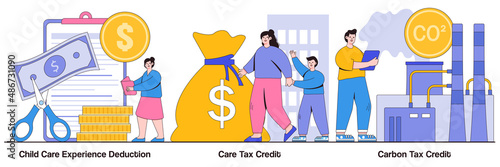 Child care experience deduction, care tax credit, carbon tax credit concept with people character. Income subsidies abstract vector illustration set. Tax deduction, exemption and credit metaphor