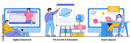 Digital classroom, VR and AR in education, smart spaces concept with people character. Interactive learning vector illustration set. Blended learning, virtual reality, education technology metaphor