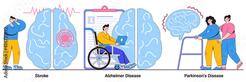 Stroke, Alzheimer disease, Parkinson's disease concept with people character. Neurological disorders vector illustration set. Nervous system and brain issue, symptoms and immune response, trauma