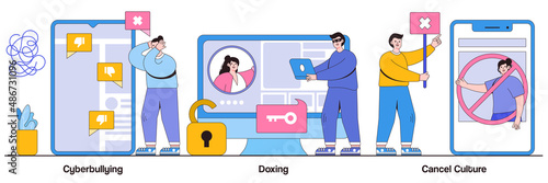 Cyberbullying and doxing, cancel culture concept with people character. Internet harassment vector illustration set. Private content, celebrity shaming, hacker attack, social media boycott metaphor