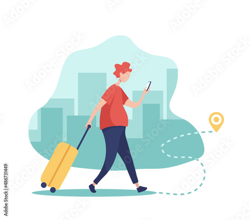 Tourist with a luggage is walking in a city and using mobile gps navigation in his smartphone