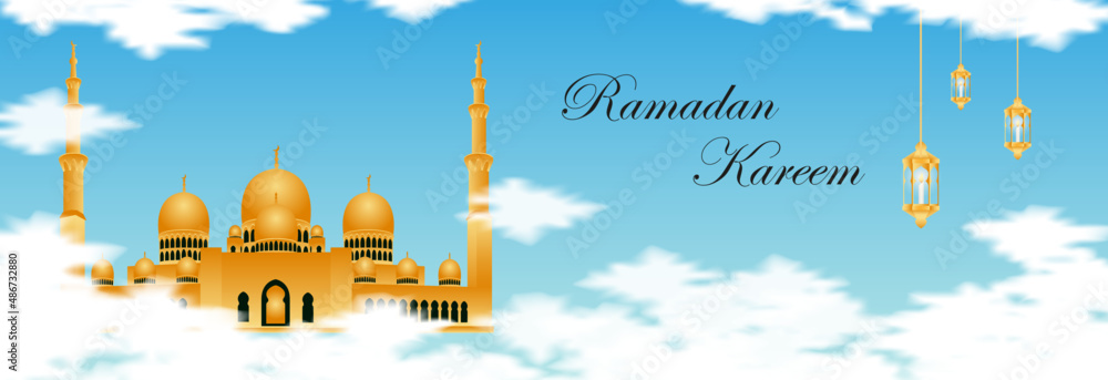 golden mosque in the sky for ramadan and eid mubarak by vector design