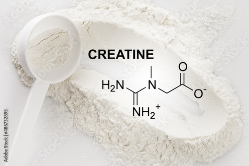 Scoop of creatine monohydrate supplement and chemical formula photo