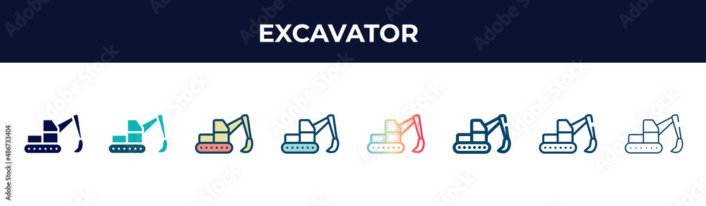 excavator vector icon in 8 different modern styles. black, two colored ...