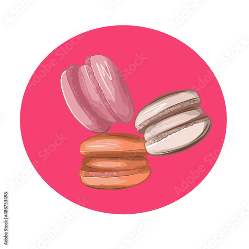 Vector sticker with three macarons in pink and beige tones on white background