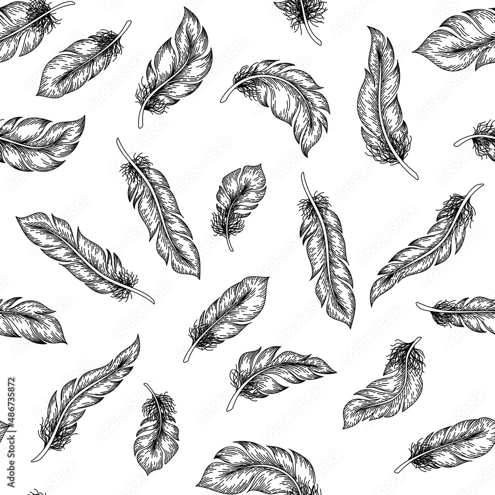 Feather sketch pattern. Seamless print with hand drawn bird plumage, retro feathers pencil drawing. Vector texture
