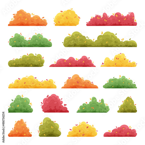 Autumn bush. Cartoon yellow and orange garden hedge and forest shrubs. Vector fall vegetation isolated set