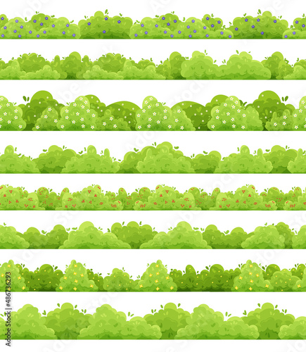 Bush horizontal pattern. Seamless print with with cartoon green hedge and shrubs. Vector texture