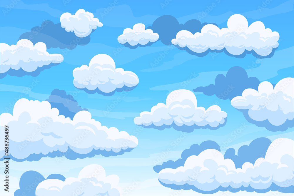 Cloudy sky. Cartoon background with blue summer sky and cumulus clouds. Vector clean air and atmosphere concept Cloudy sky. Cartoon background with blue summer sky and cumulus clouds. Vector clean air and atmosphere concept