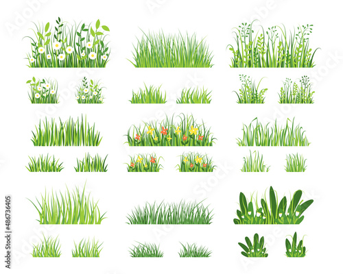 Green grass. Cartoon horizontal grass texture, farm and garden green border elements. Vector isolated set