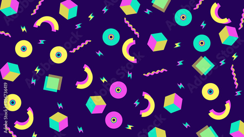 90s and 80s background template with retro style textures and abstract shapes. Aesthetic fashion background and eighties graphic. Rock and Pop music party event background template