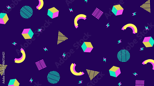 90s and 80s background template with retro style textures and abstract shapes. Aesthetic fashion background and eighties graphic. Rock and Pop music party event poster template