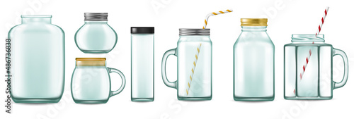 Glass cup with straw. Realistic transparent glass jar with metal caps and straws for detox drinks. Vector set