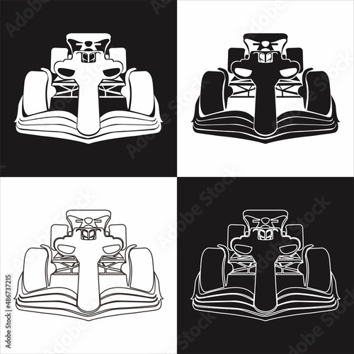 Formula racing car front view, isolated vector silhouette, ink drawing