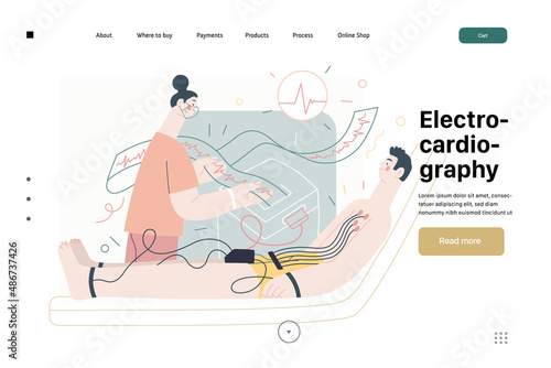 ECG electrocardiography -medical tests web template Modern flat vector concept digital illustration of ECG procedure -patient with sensors and doctor carrying out procedure, medical office, laboratory
