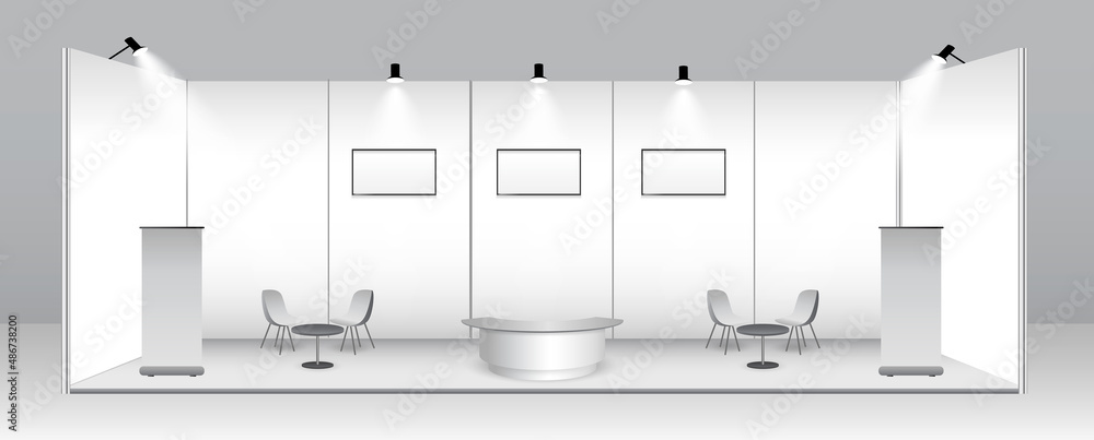 set of realistic trade exhibition stand or white blank exhibition kiosk or stand booth corporate commercial. eps vector - obrazy, fototapety, plakaty 