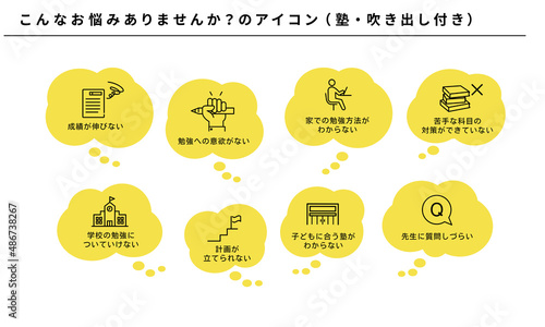 こんなお悩みありませんか？のアイコンセット（塾）、吹き出し付き、ベクター