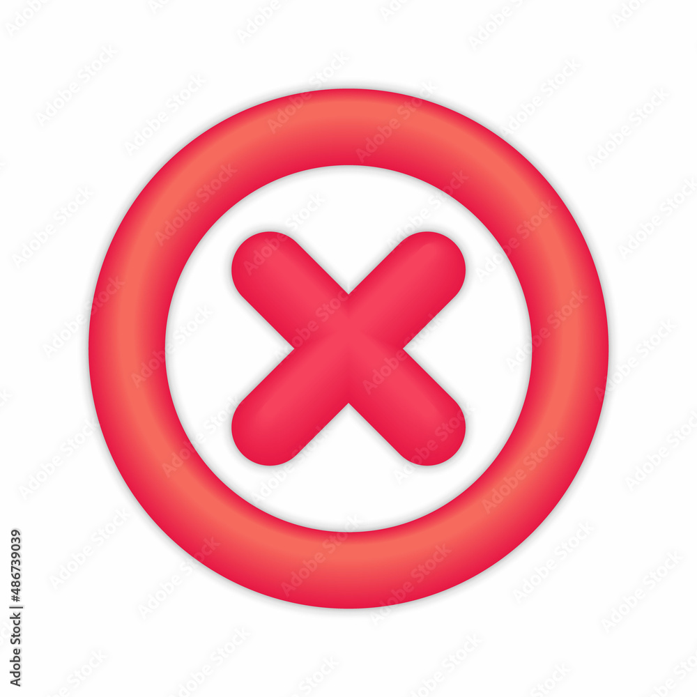 Wrong and failed decision, 3d error sign. Red X cross icon isolated on white background. Simple mark graphic flat design. Circle shape NO button. illustration Wrong and failed decision, 3d error sign. Red X cross icon isolated on white background. Simple mark graphic flat design. Circle shape NO button. illustration