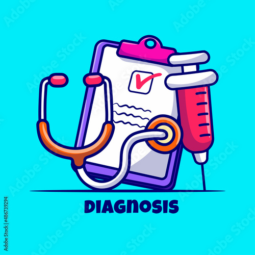 Doctor diagnose doodle with medical record, syringe and stethoscope illustration