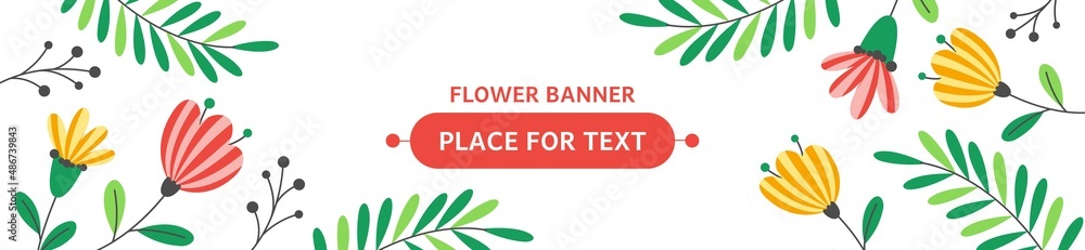 Fototapeta premium Horizontal seasonal summer banner with flowers. Vector flat illustration with place for text
