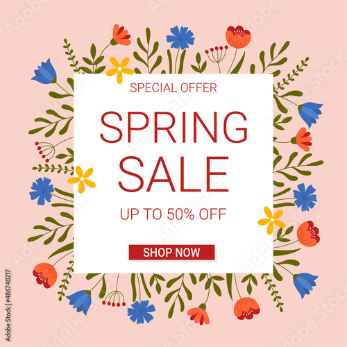 Spring sale banner template with colorful flowers. Template for social media, flyer and poster