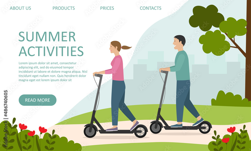 Summer activities. Landing page template. Man and woman riding scooters in the park. The concept of an active lifestyle, outdoor activities Summer activities. Landing page template. Man and woman riding scooters in the park. The concept of an active lifestyle, outdoor activities