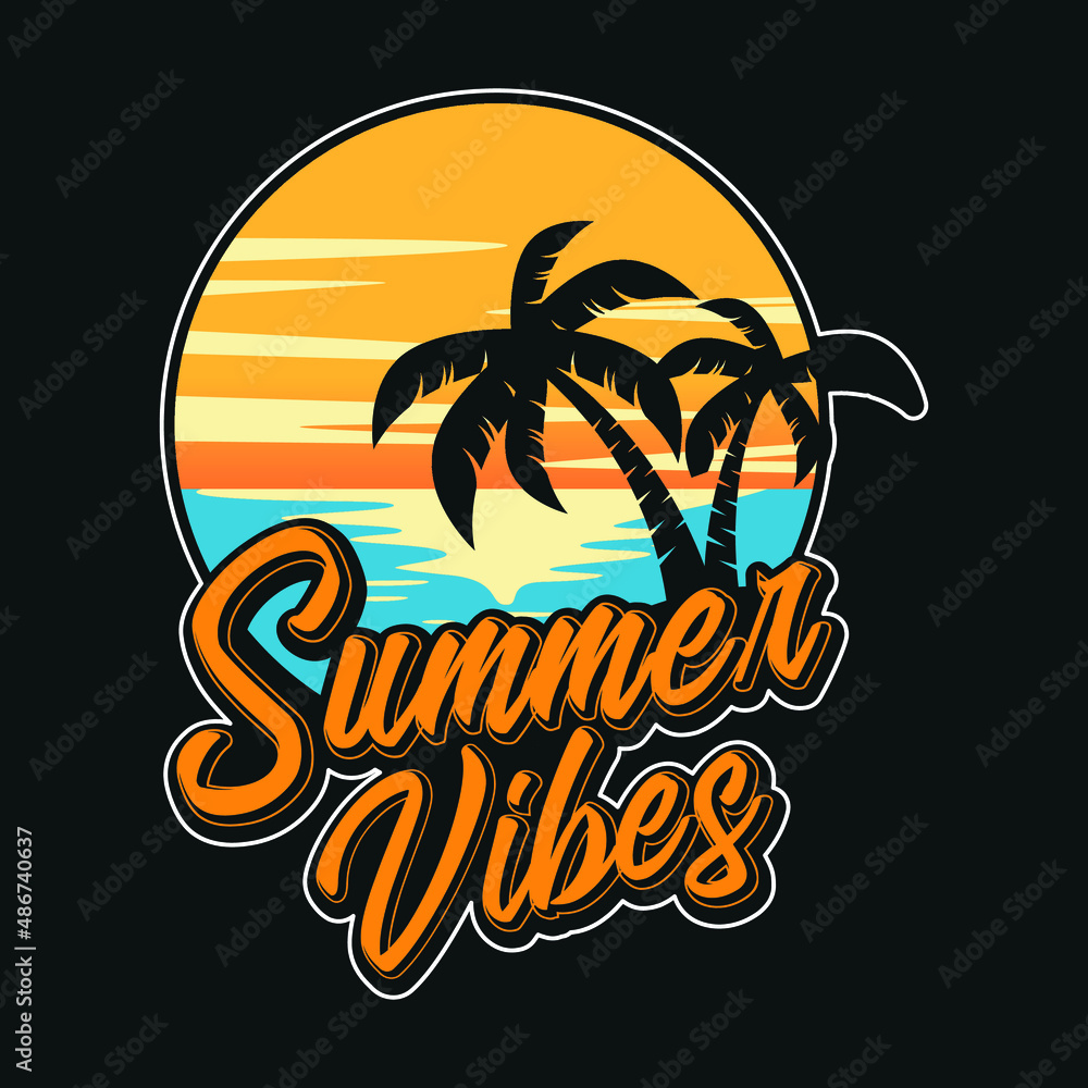 Summer t-shirt design with palm trees silhouette and the phrase 