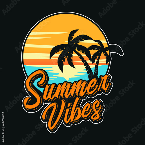 Summer t-shirt design with palm trees silhouette and the phrase "Summer vibes". Can be used for dark and light shirts.