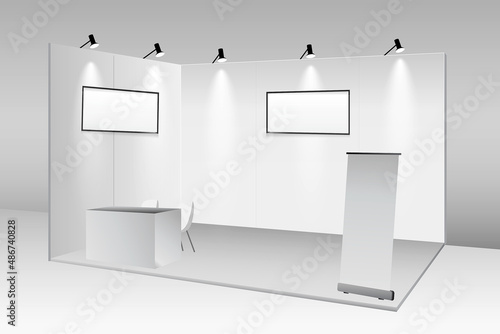 set of realistic trade exhibition stand or white blank exhibition kiosk or stand booth corporate commercial. eps vector