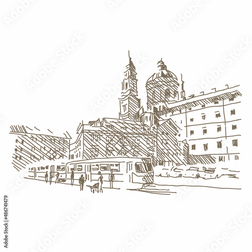 City architecture sketch hand drawn, vector illustration  © romanya