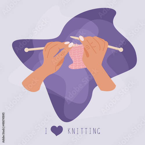 Woman knitting socks. Leisure time and hobby concept. Ready for web banner or printing. Handmade knitting workshop. Vector illustration