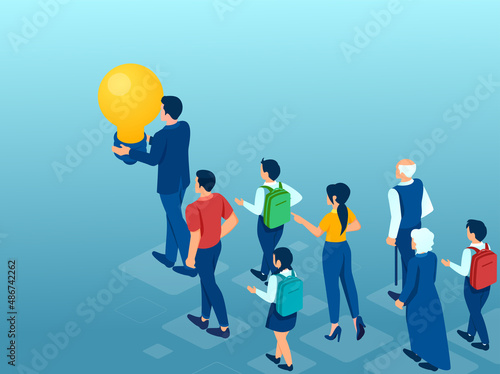 Vector of a group of people of different age follow the leader holding a lightbulb.