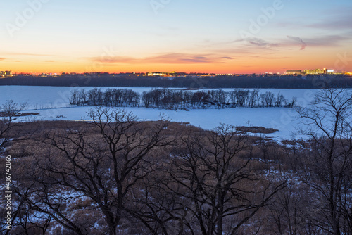 frozen minnesota river and quarry island from mendota heights photo