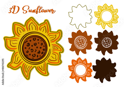 3D sunflower. Multi-layer craft of a sunflower flower. Cutting file