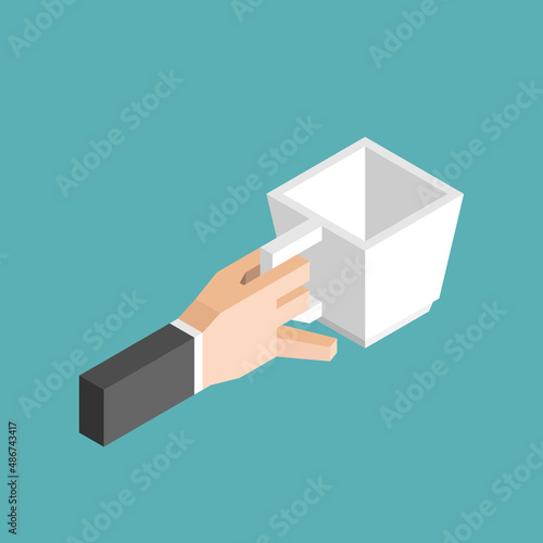 Isometric pinky up etiquette hand with empty cup. Manners, drinking, gesture, breakfast and break concept. Flat design. EPS 8 vector illustration, no transparency, no gradients