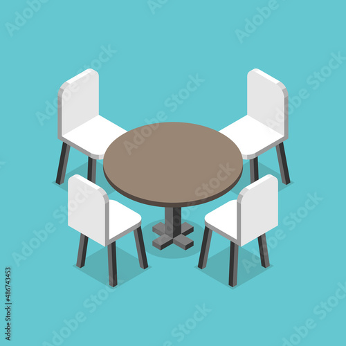 Isometric round table with four chairs. Business negotiations, meeting, discussion, modern interior and teamwork concept. Flat design. EPS 8 vector illustration, no transparency, no gradients