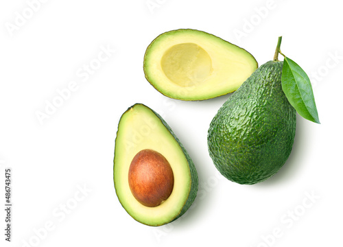 Flat lay of Avocado with cut in half isolated on white background.