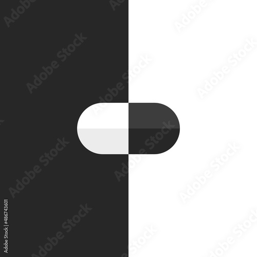 Pill, white and black opposites. Bipolar disorder, mood swings, depression, drug abuse, altered state and addiction concept. Flat design. EPS 8 vector illustration, no transparency, no gradients