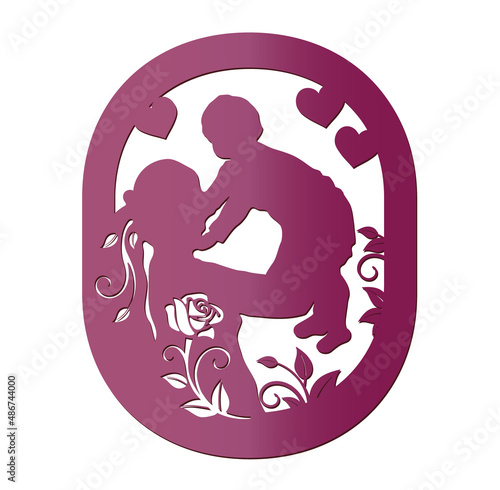 A woman with a child in an oval frame, in the form of the letter O. Silhouette for cutting