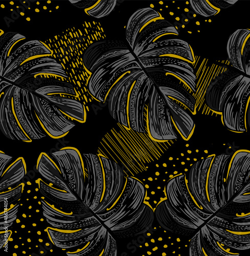 Elegant tropical pattern in dark colors. Seamless graphic design with amazing monstera leaves.