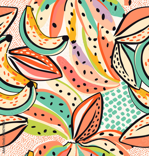 Tropical pattern made with bananas and cocoa beans, with fun and colorful background, perfect for textiles and decoration