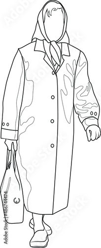 Contour image of an elderly woman in a coat and headscarf vector illustration