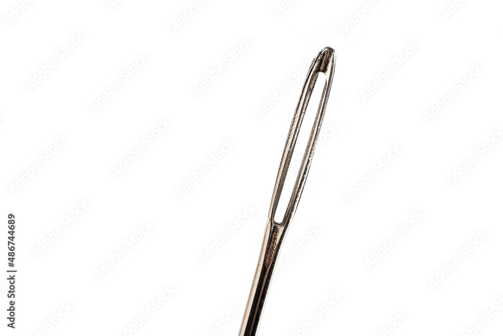Macro of a needle, needle's eye with isolated on white background focus stack image Macro of a needle, needle's eye with isolated on white background focus stack image
