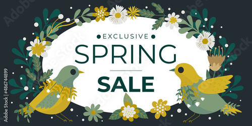 Vector hand drawn style horizontal special spring sale banners with birds and flowers.