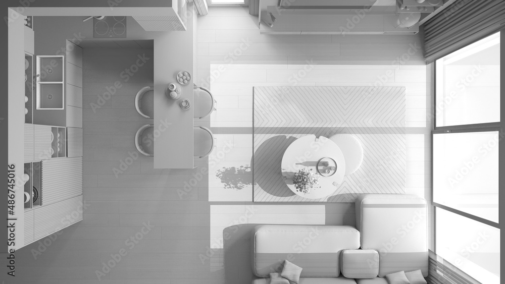 Total white project draft, living room and kitchen in modern apartment, sofa, island and dining table, chairs. Carpet and appliances, top view, plan, above, interior design idea Total white project draft, living room and kitchen in modern apartment, sofa, island and dining table, chairs. Carpet and appliances, top view, plan, above, interior design idea